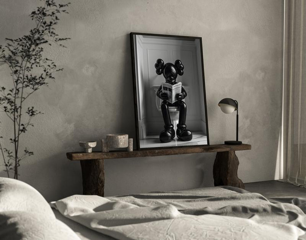 Black Kaws Figure Sitting on the Toilet Reading a Newspaper, Kaws Poster No Frame