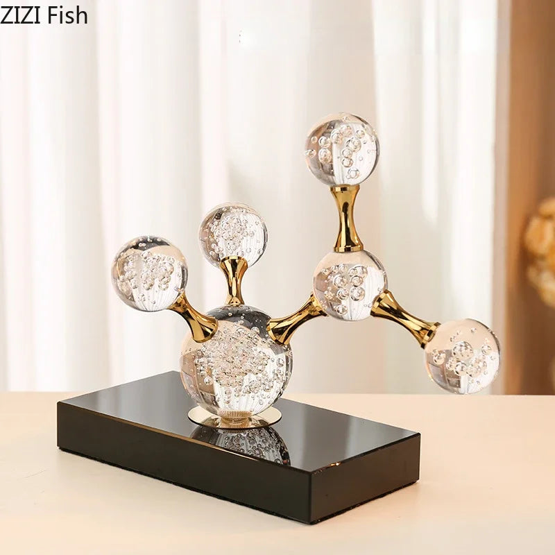 Geometric Crystal Molecular Ball Ornament Electroplated Metal Glass Sculpture Display Statue Home Decoration Accessories Crafts