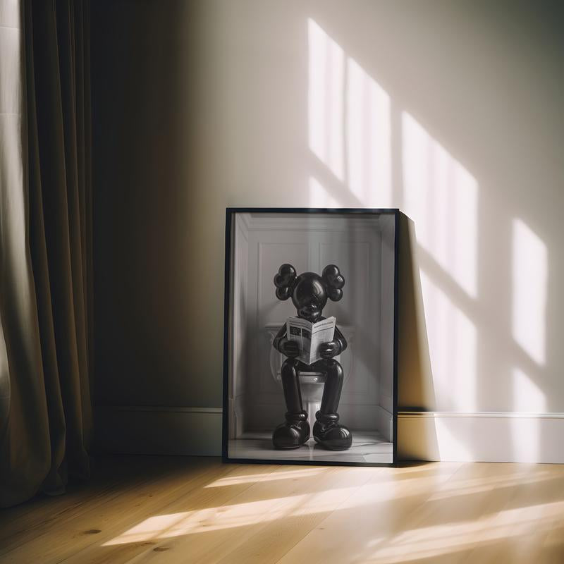 Black Kaws Figure Sitting on the Toilet Reading a Newspaper, Kaws Poster No Frame
