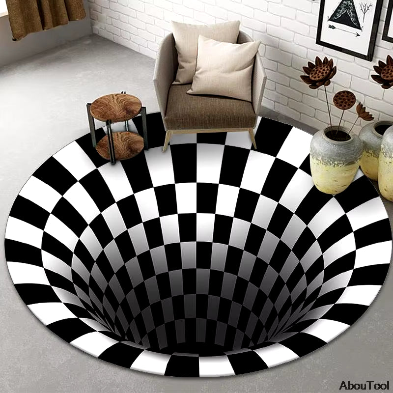 3D Rugs Black White Grid Printing Bedroom Illusion Vortex Bottomless Hole Carpets for Living Room Halloween Home Decoration Rugs