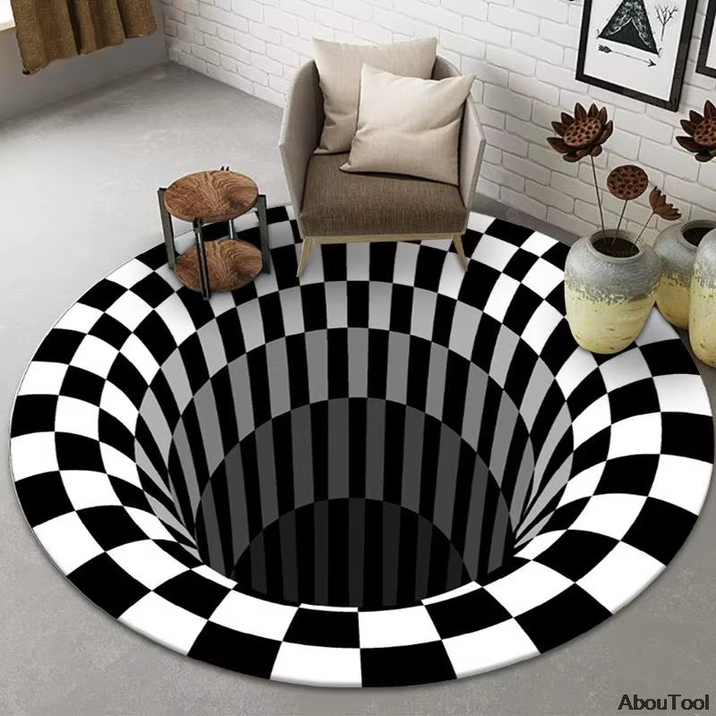 3D Rugs Black White Grid Printing Bedroom Illusion Vortex Bottomless Hole Carpets for Living Room Halloween Home Decoration Rugs