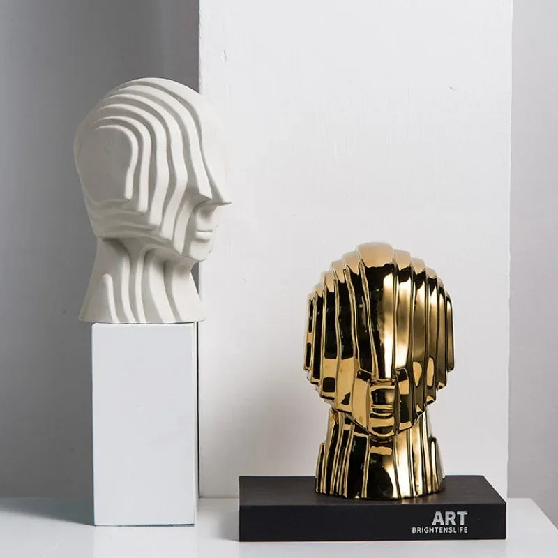 Abstract Figure Sculpture Ceramic Geometric Head Fringe Golden Man Alien Decorative Figurines Home Decoration Accessories