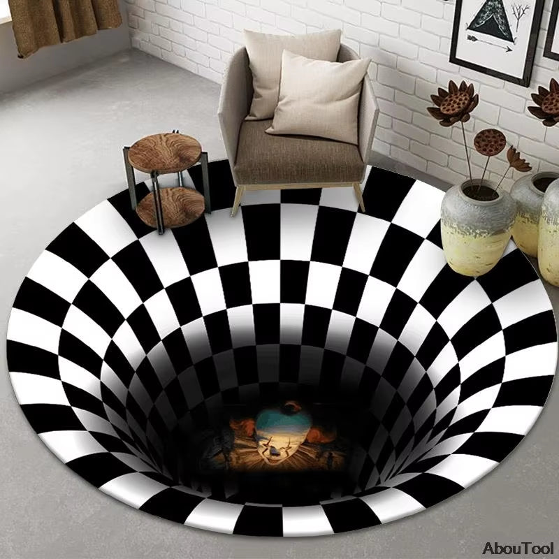 3D Rugs Black White Grid Printing Bedroom Illusion Vortex Bottomless Hole Carpets for Living Room Halloween Home Decoration Rugs