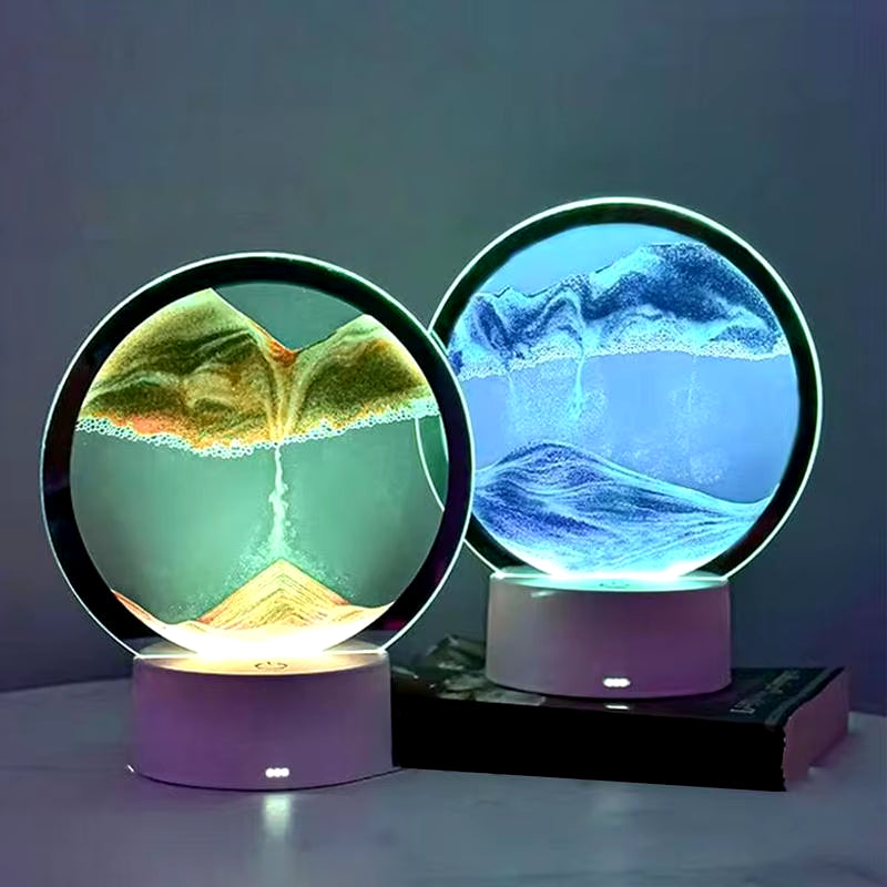 3D Flowing Sand Painting Lamp Creative Moving Sand Art Picture round Glass Sandscape Hourglass Quicksand Lamp Home Decoration
