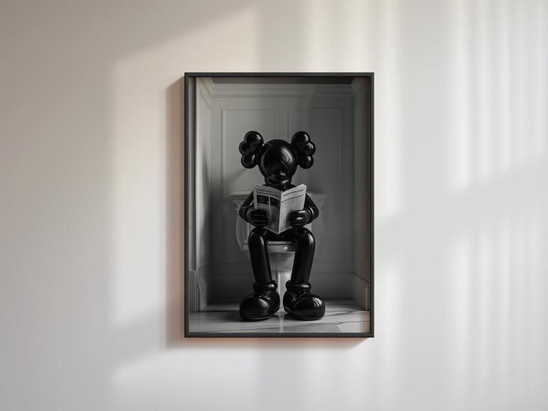 Black Kaws Figure Sitting on the Toilet Reading a Newspaper, Kaws Poster No Frame