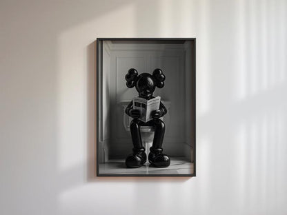 Black Kaws Figure Sitting on the Toilet Reading a Newspaper, Kaws Poster No Frame