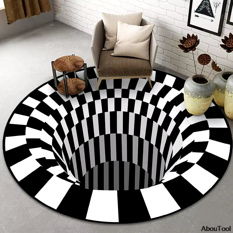 3D Rugs Black White Grid Printing Bedroom Illusion Vortex Bottomless Hole Carpets for Living Room Halloween Home Decoration Rugs