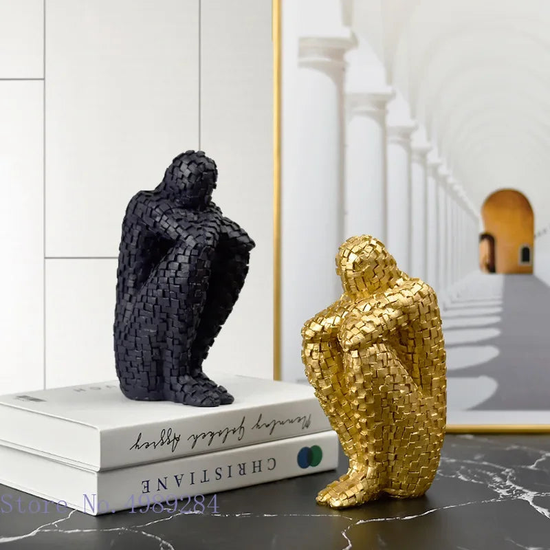 Resin Abstract Figure Statue Mosaic Character Model Sculpture Geometry Uneven Tuck Thinker Golden Man Resin Crafts Ornaments