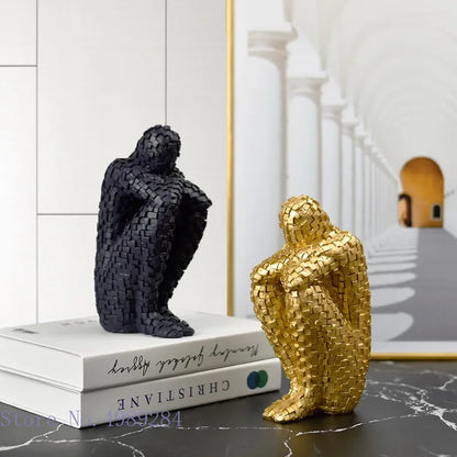 Resin Abstract Figure Statue Mosaic Character Model Sculpture Geometry Uneven Tuck Thinker Golden Man Resin Crafts Ornaments