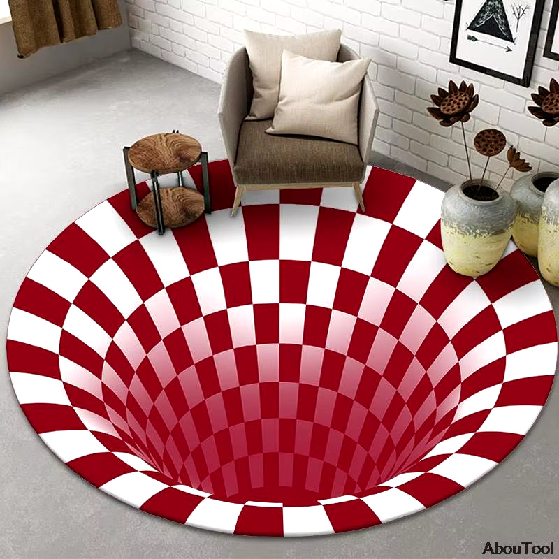 3D Rugs Black White Grid Printing Bedroom Illusion Vortex Bottomless Hole Carpets for Living Room Halloween Home Decoration Rugs