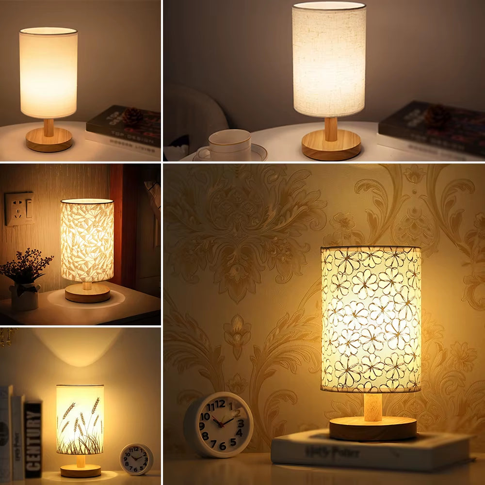 Solid Wood Night Lamp New Linen Table Lamp LED Desk Lamp Eye Protection Nightstand Lamp USB Powered beside Lamp Bedroom Decor